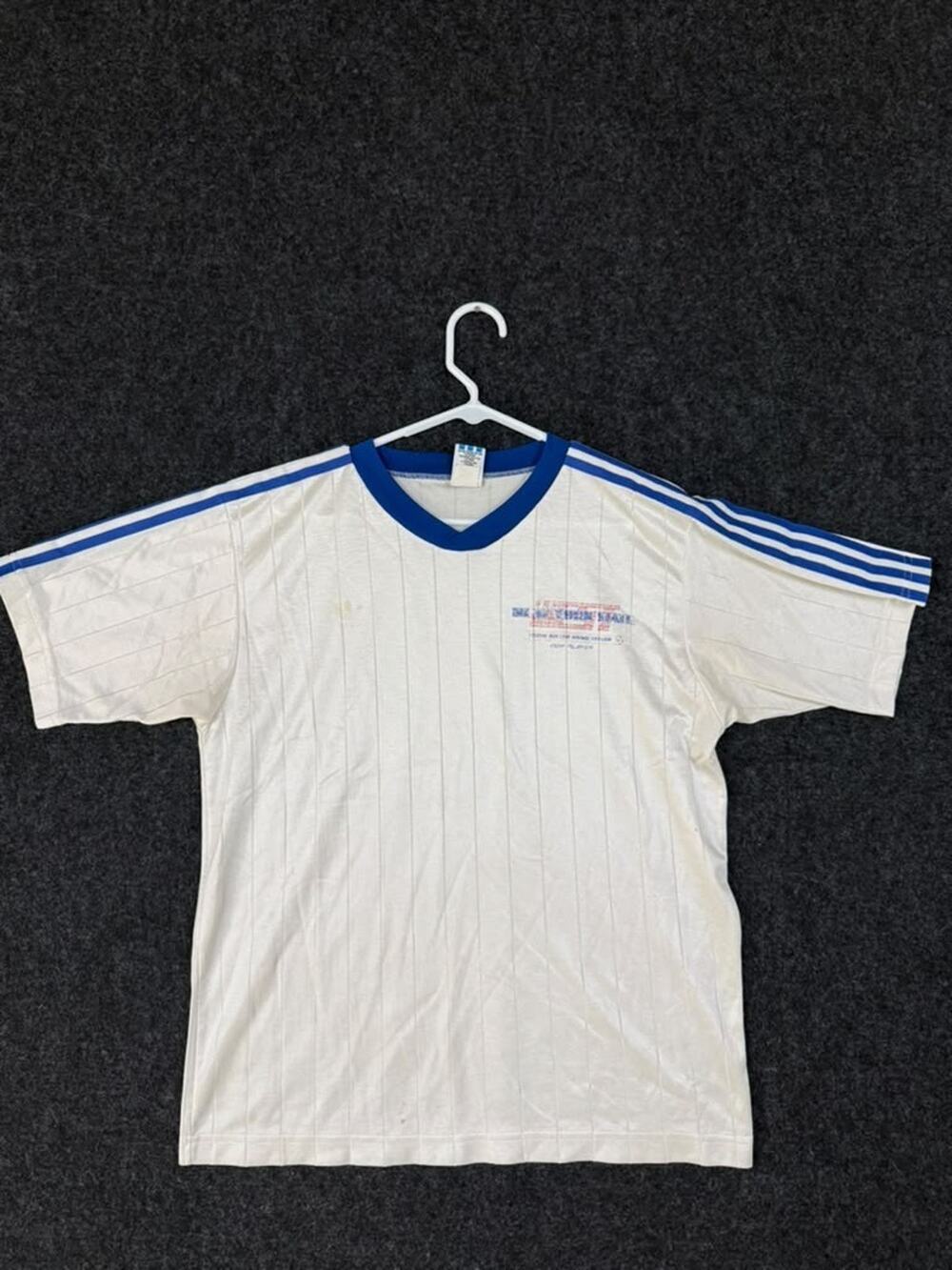 Vintage Adidas #12 Soccer Jersey Men's L White Blue USA Made Distressed